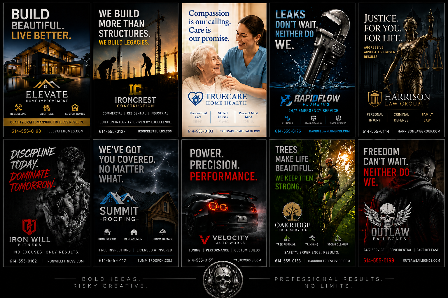 Black Rain Insane created advertisements — Elevate Home Improvement, Ironcrest Construction, TrueCare Home Health, RapidFlow Plumbing, Harrison Law Group, Iron Will Fitness, Summit Roofing, Velocity Auto Works, Oakridge Tree Service, Outlaw Bail Bonds