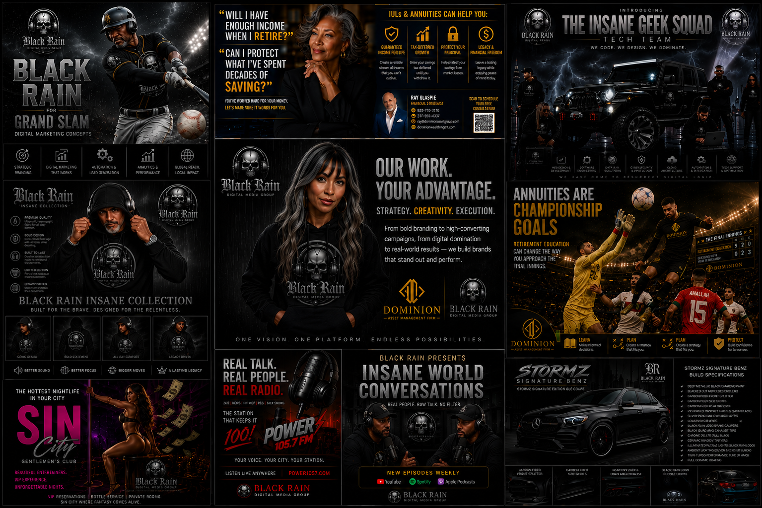 In-house graphic designs collage by R. Glas — Black Rain, Dominion Wealth Podcast, Billionaire Rulez, and more